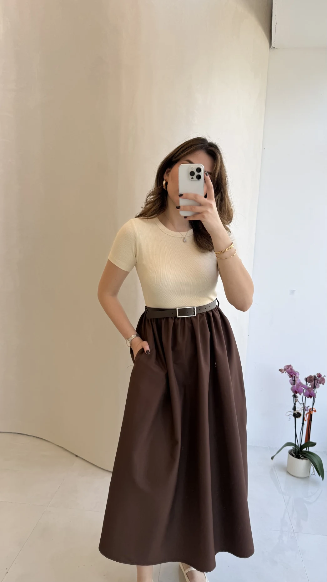 Kısa Kol Beli Lastikli Kemerli Elbise - Kahverengi - Kod: 4113