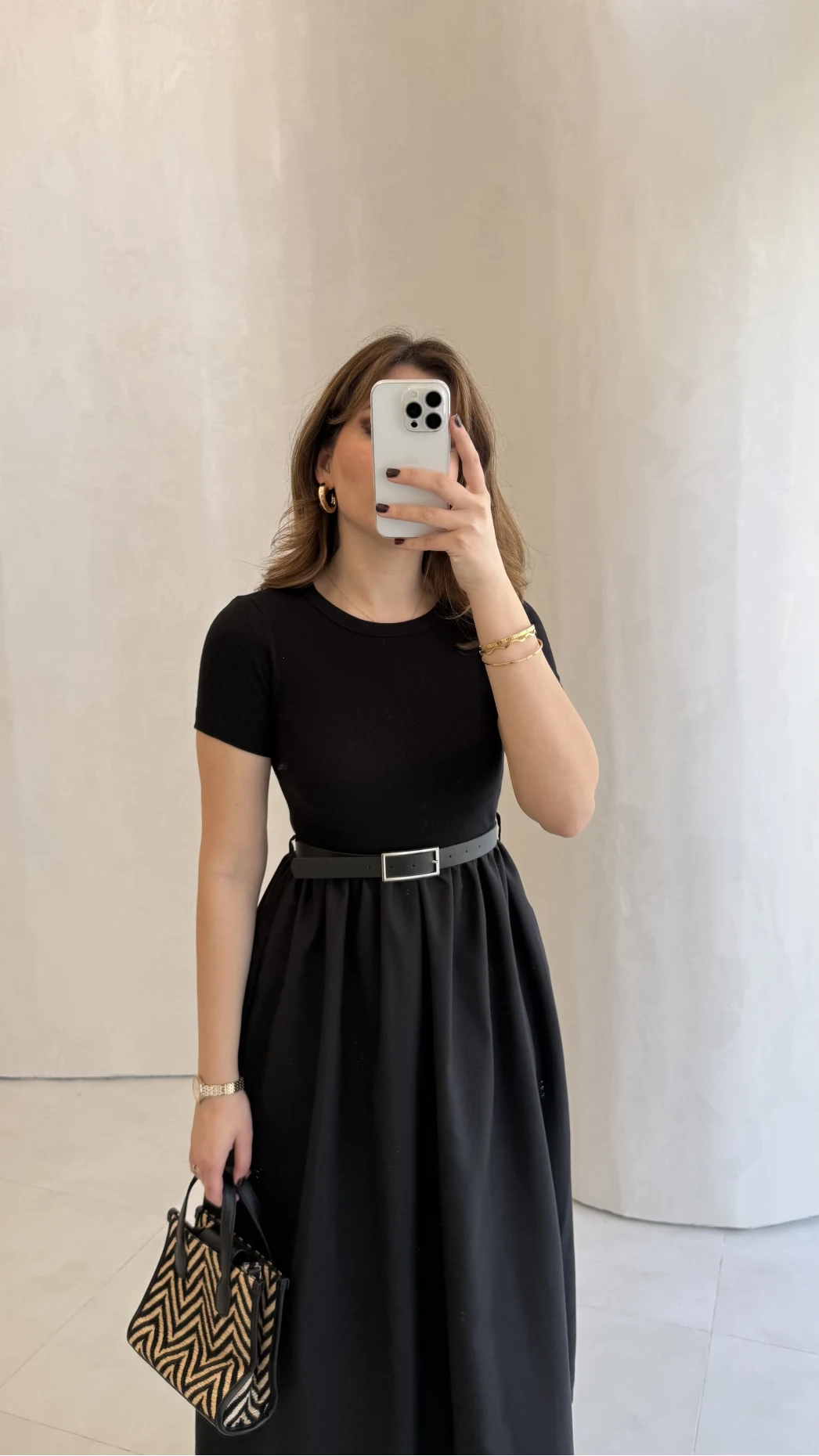 Kısa Kol Beli Lastikli Kemerli Elbise - Siyah - Kod: 4113