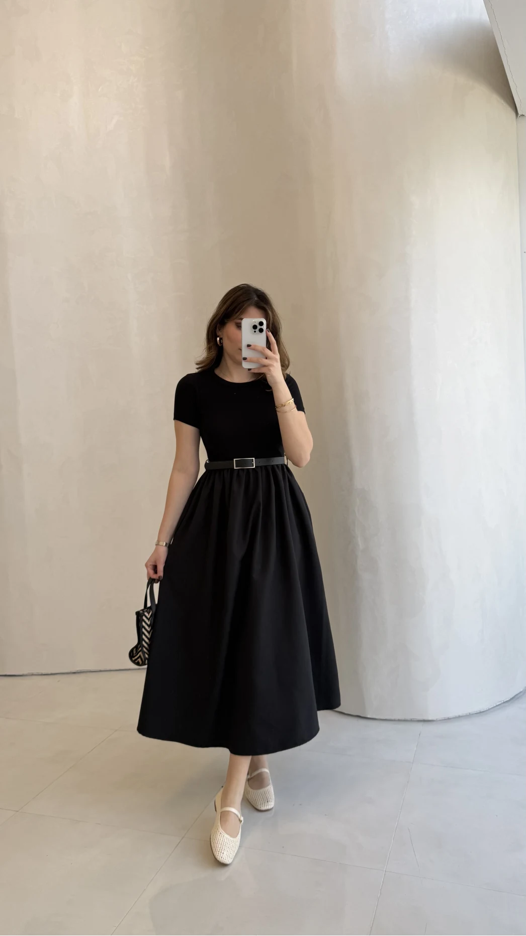 Kısa Kol Beli Lastikli Kemerli Elbise - Siyah - Kod: 4113