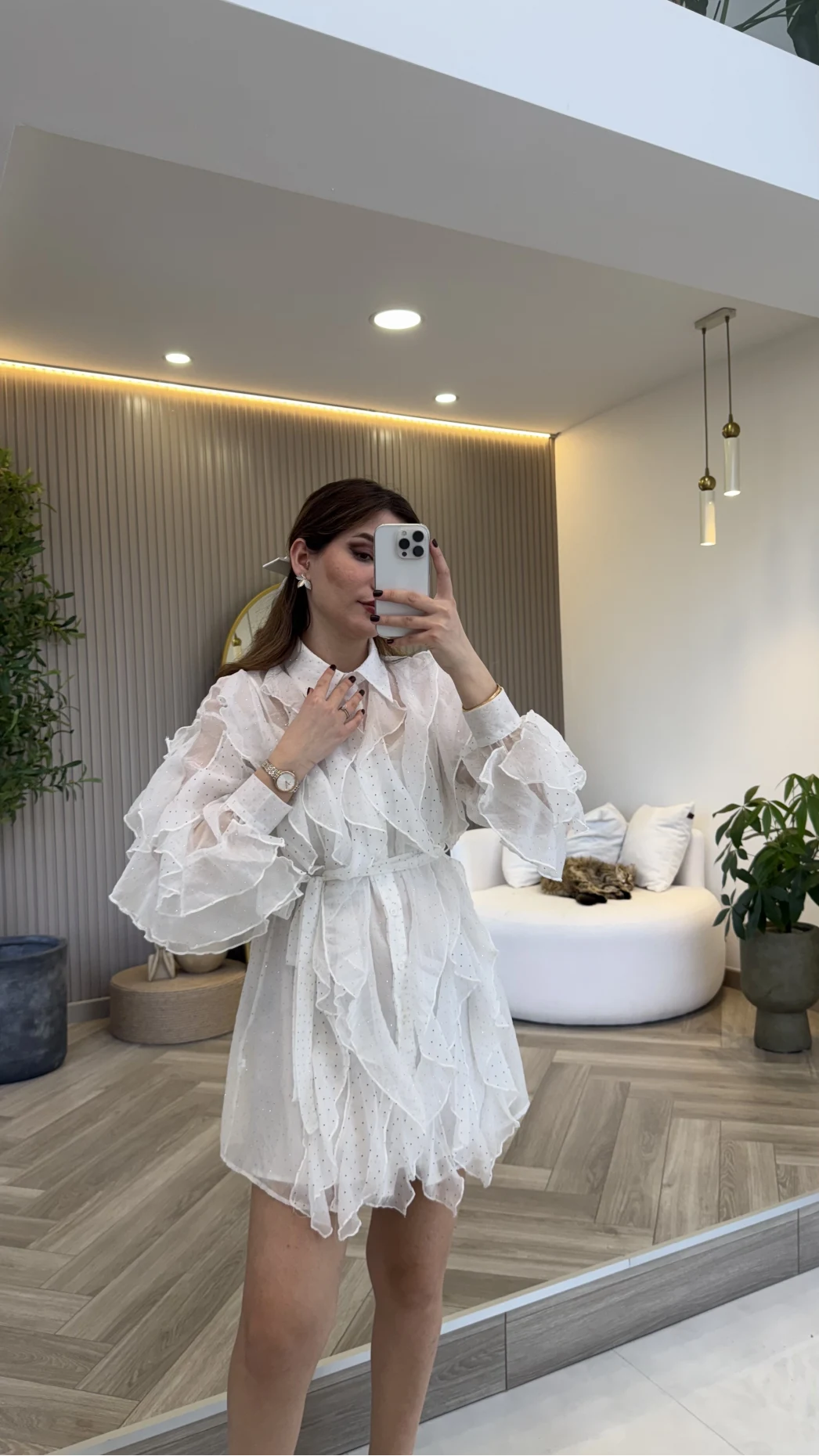 Taşlı Fırfır Detay Kuşaklı Elbise - Beyaz - Kod: 39369