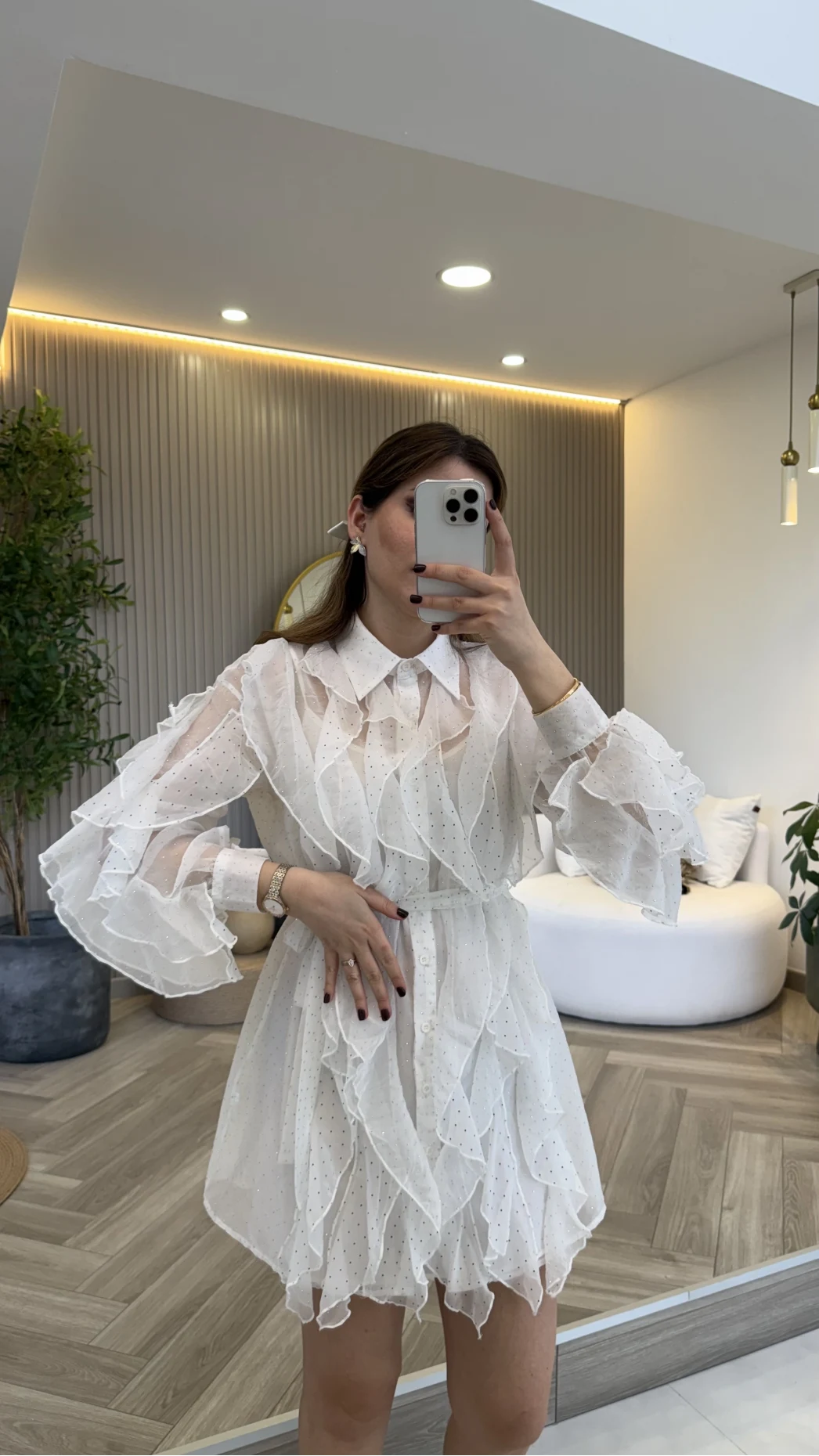 Taşlı Fırfır Detay Kuşaklı Elbise - Beyaz - Kod: 39369