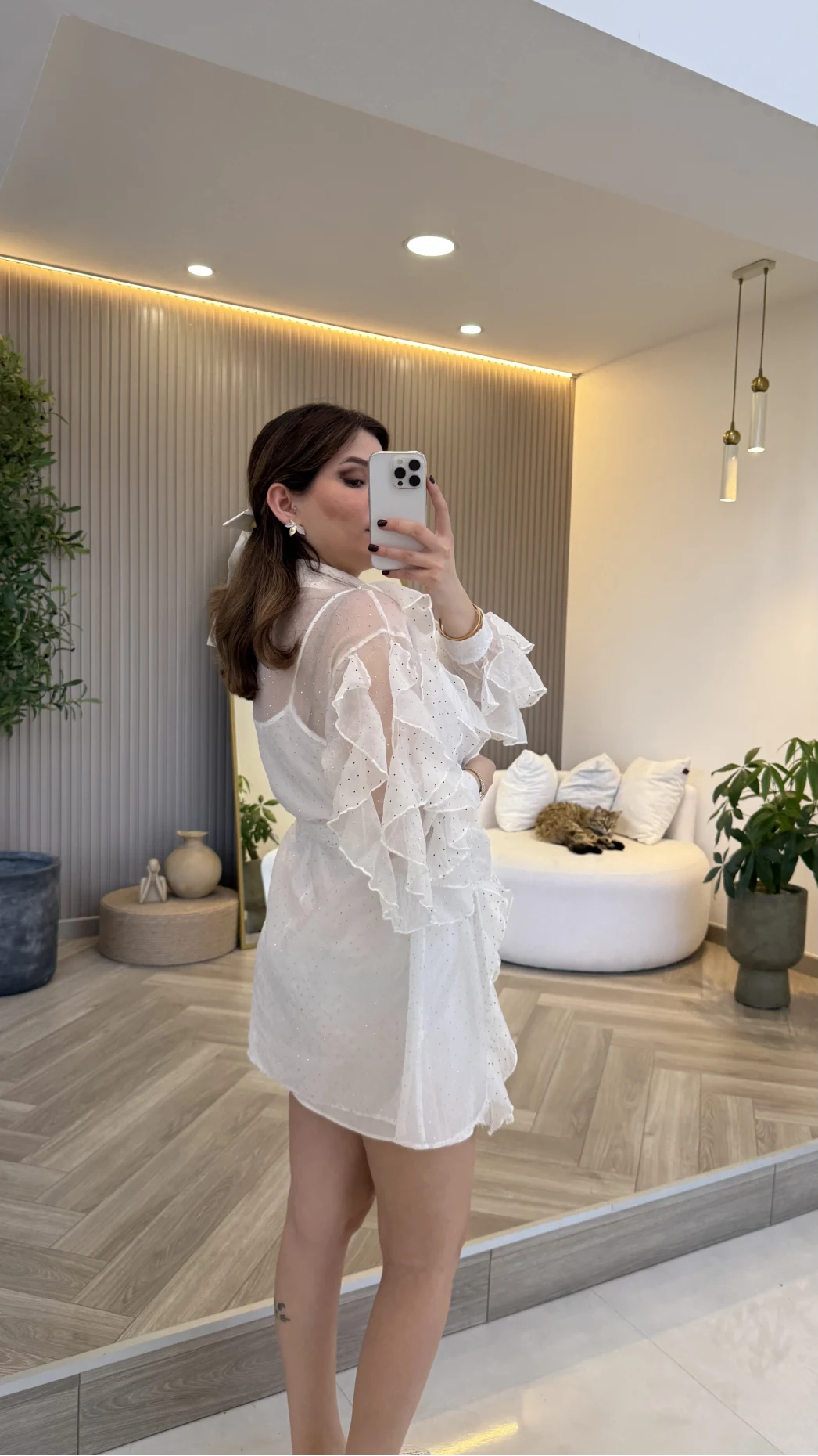 Taşlı Fırfır Detay Kuşaklı Elbise - Beyaz - Kod: 39369