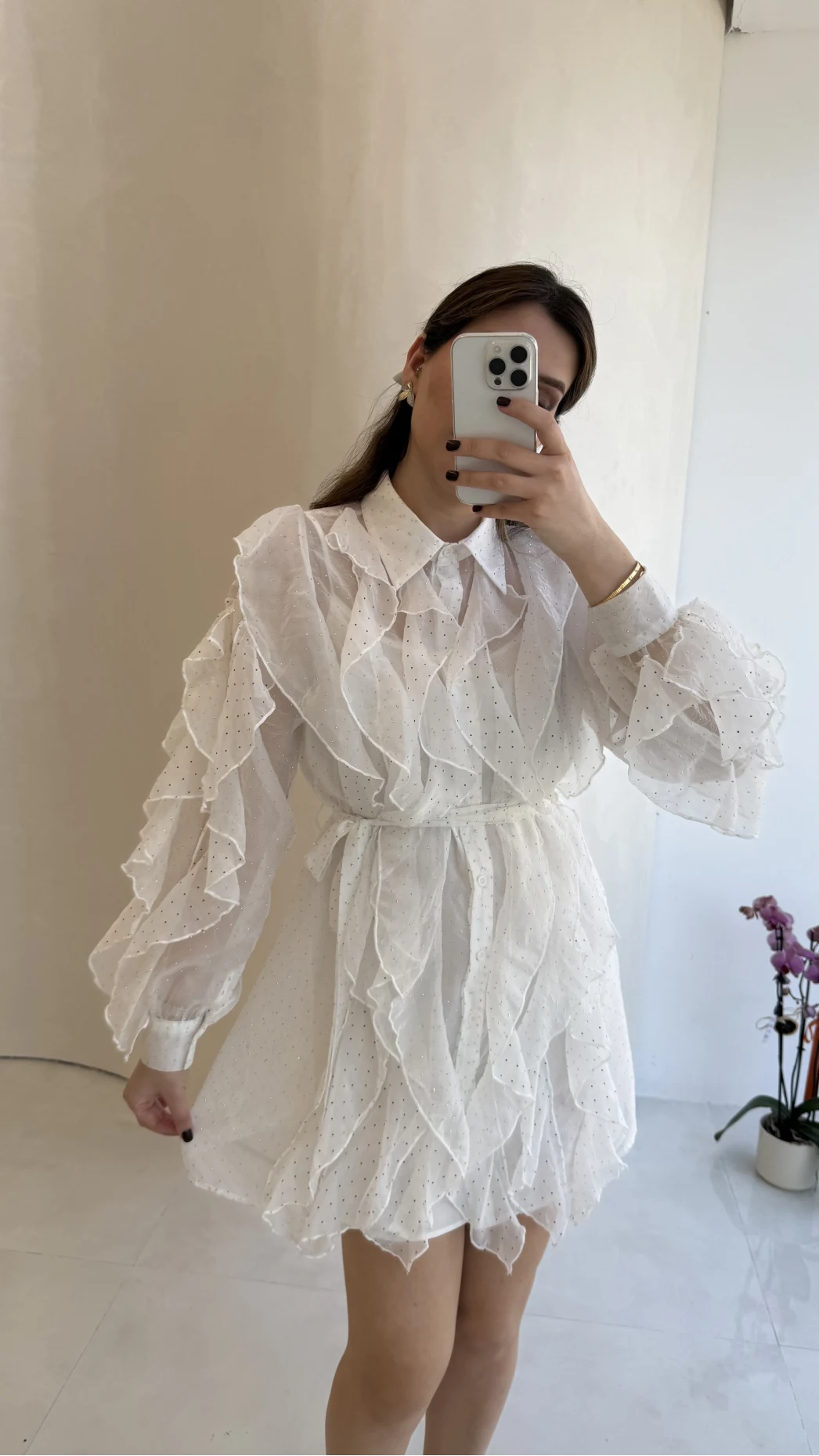 Taşlı Fırfır Detay Kuşaklı Elbise - Beyaz - Kod: 39369