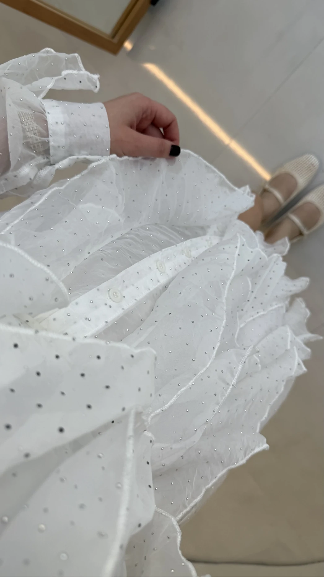 Taşlı Fırfır Detay Kuşaklı Elbise - Beyaz - Kod: 39369