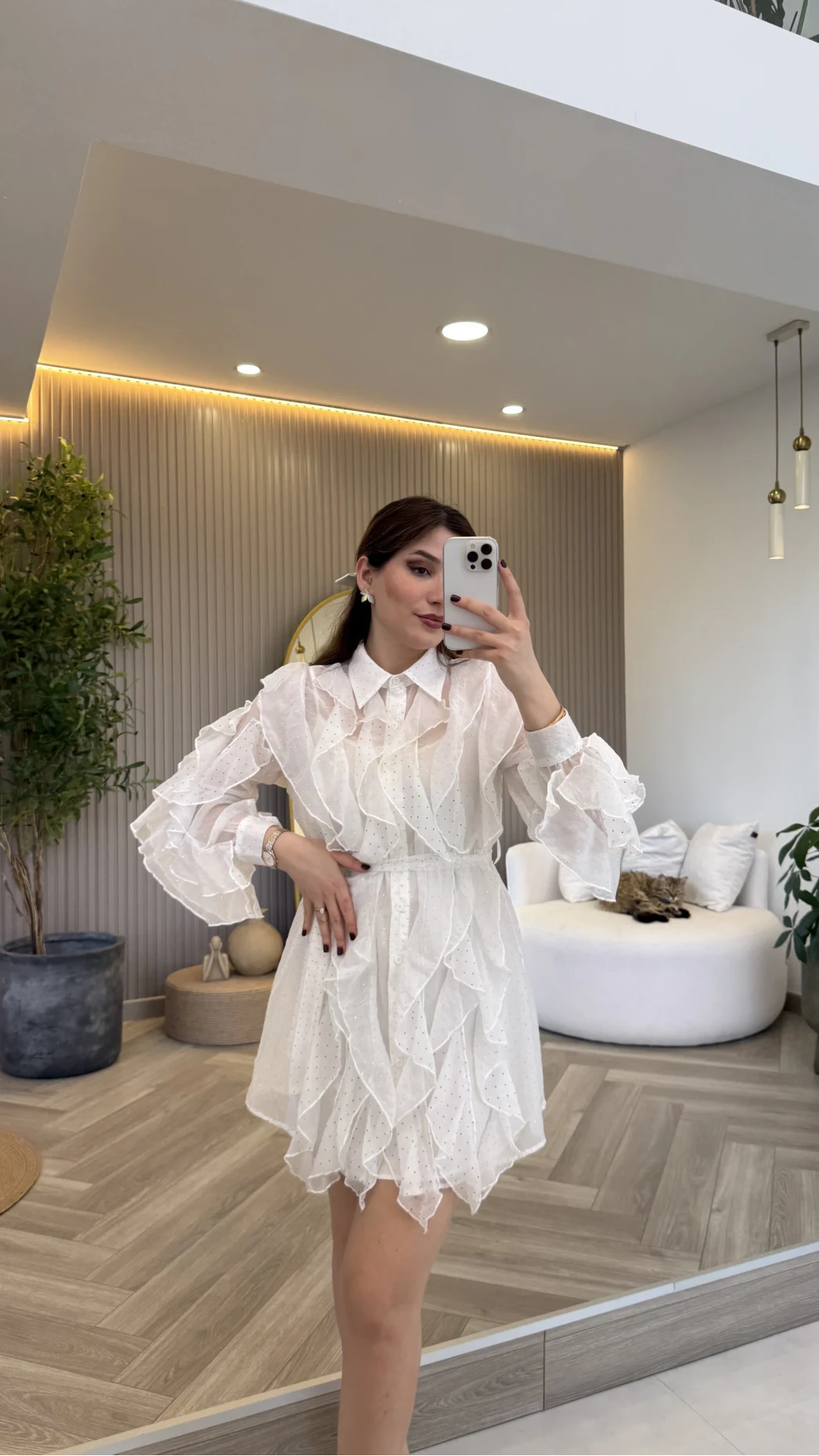 Taşlı Fırfır Detay Kuşaklı Elbise - Beyaz - Kod: 39369