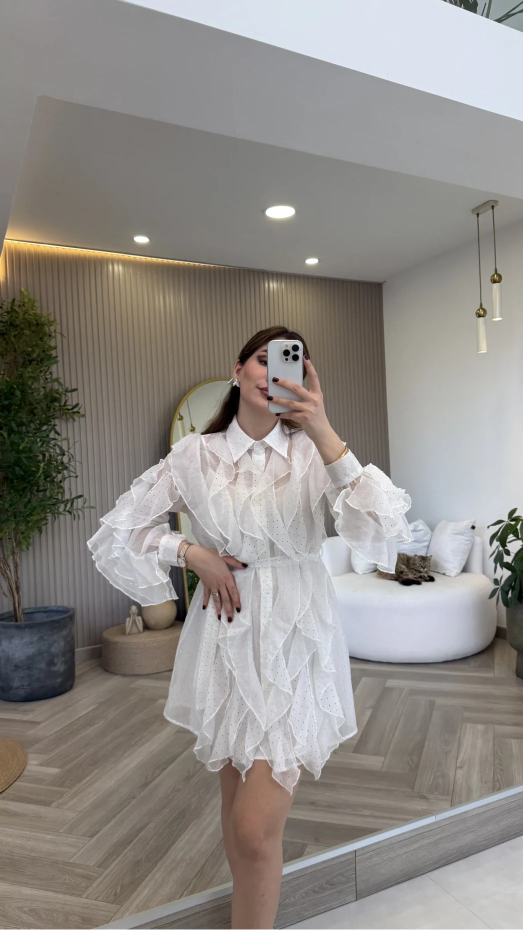 Taşlı Fırfır Detay Kuşaklı Elbise - Beyaz - Kod: 39369