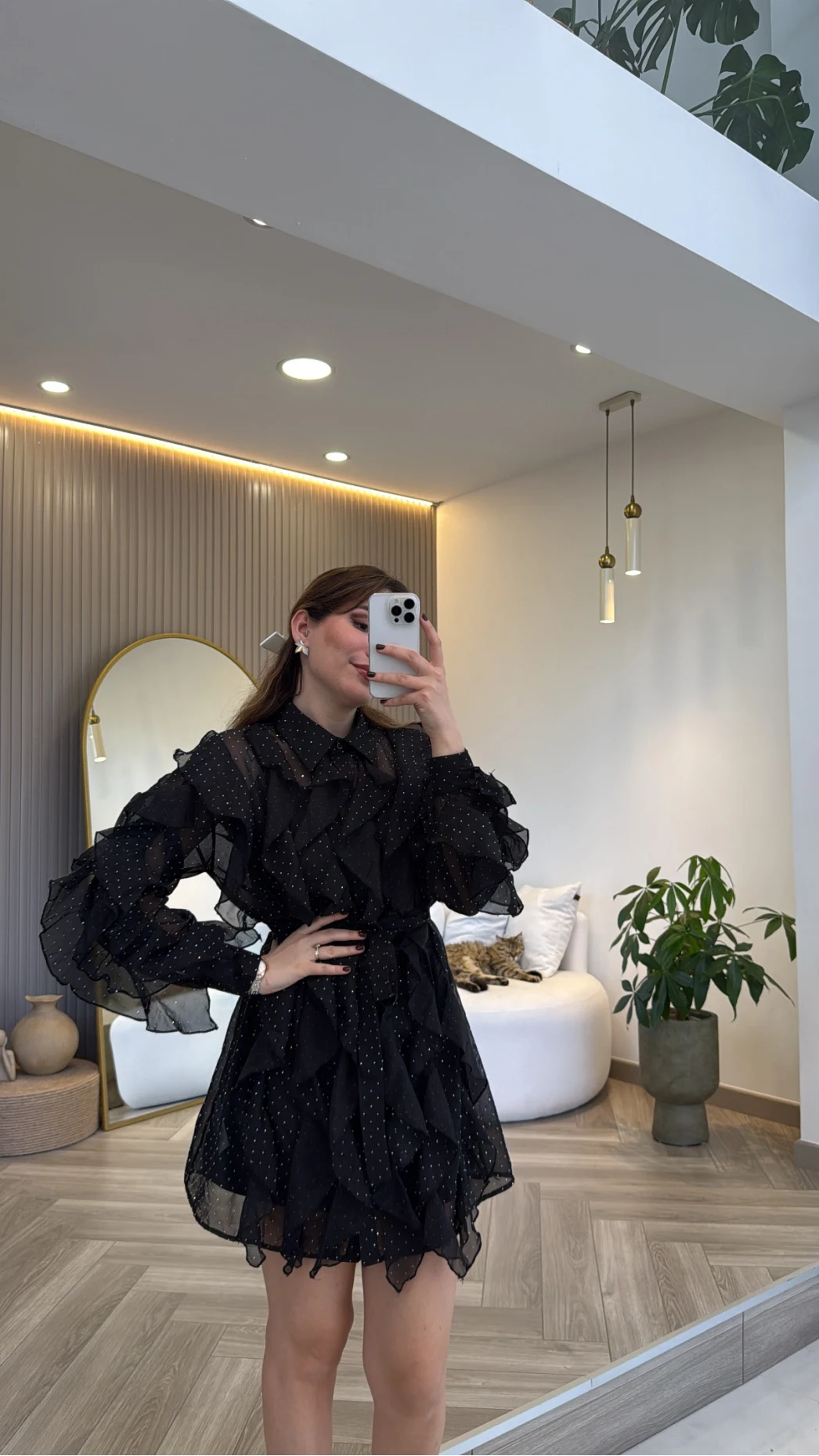 Taşlı Fırfır Detay Kuşaklı Elbise - Siyah - Kod: 39369