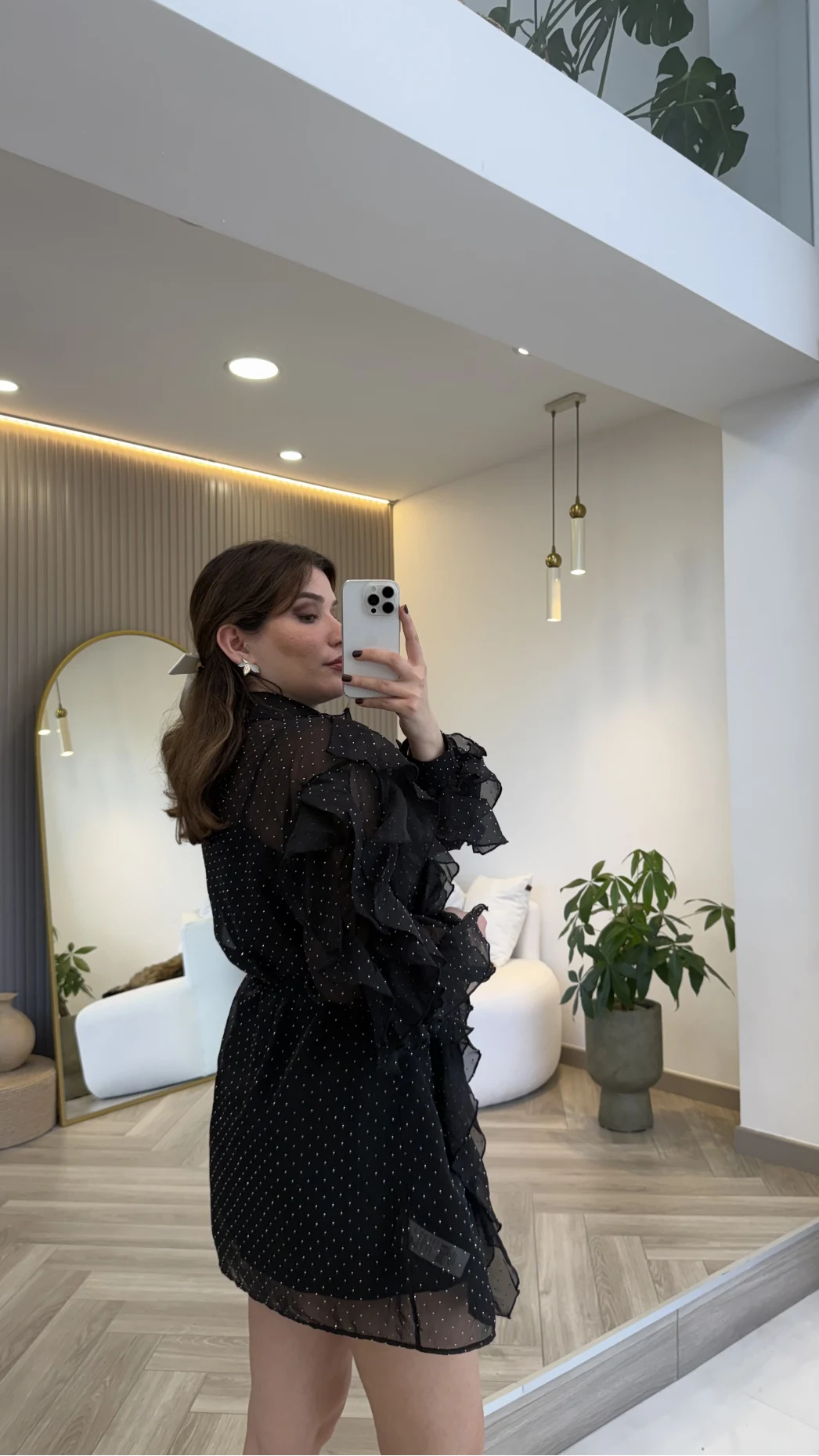 Taşlı Fırfır Detay Kuşaklı Elbise - Siyah - Kod: 39369