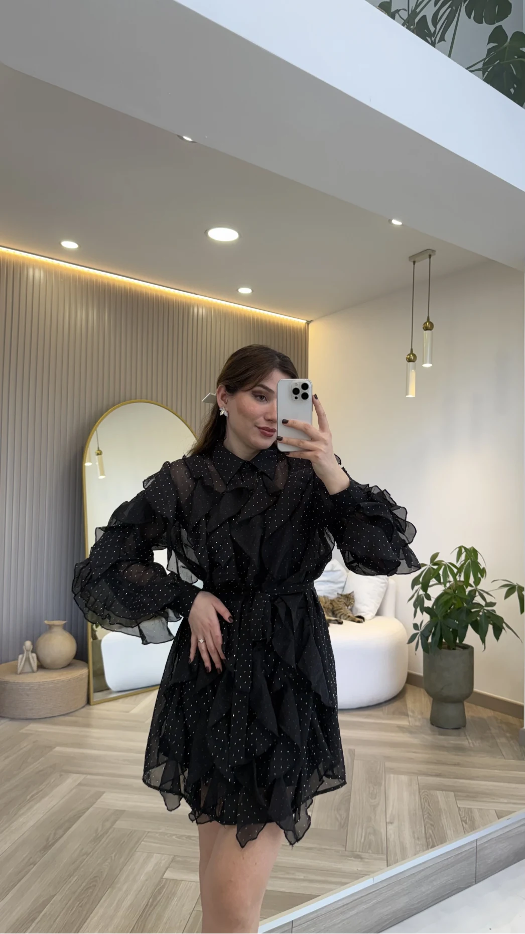 Taşlı Fırfır Detay Kuşaklı Elbise - Siyah - Kod: 39369