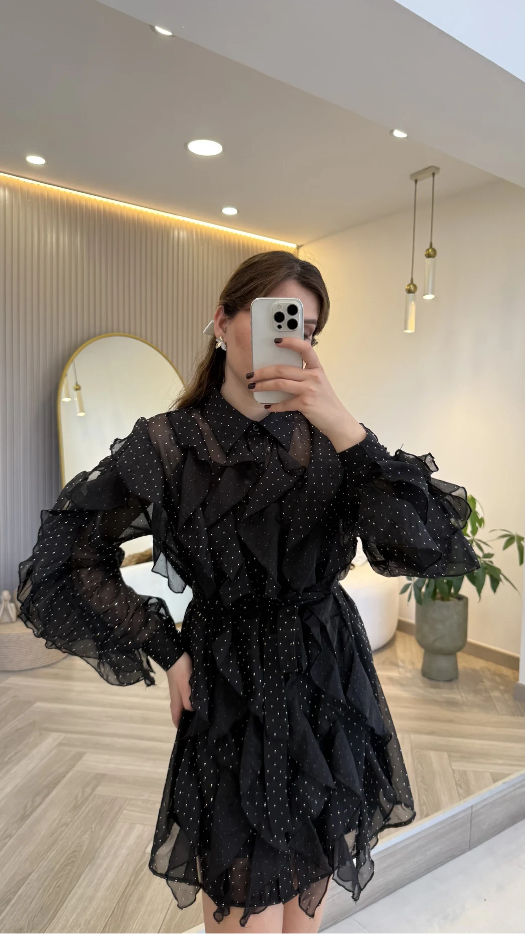 Taşlı Fırfır Detay Kuşaklı Elbise - Siyah - Kod: 39369