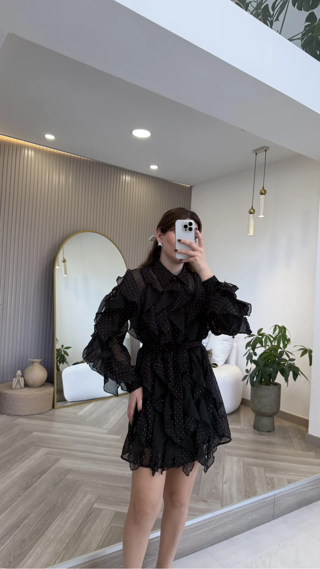 Taşlı Fırfır Detay Kuşaklı Elbise - Siyah - Kod: 39369