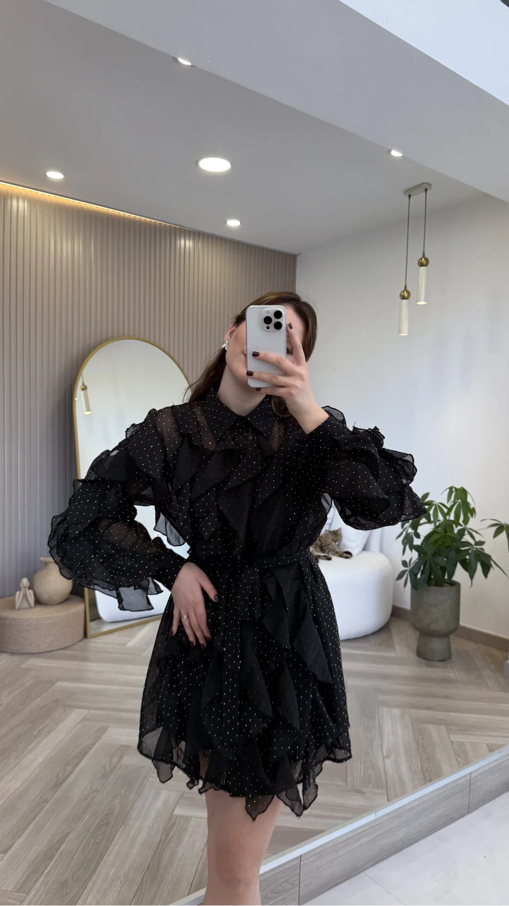 Taşlı Fırfır Detay Kuşaklı Elbise - Siyah - Kod: 39369