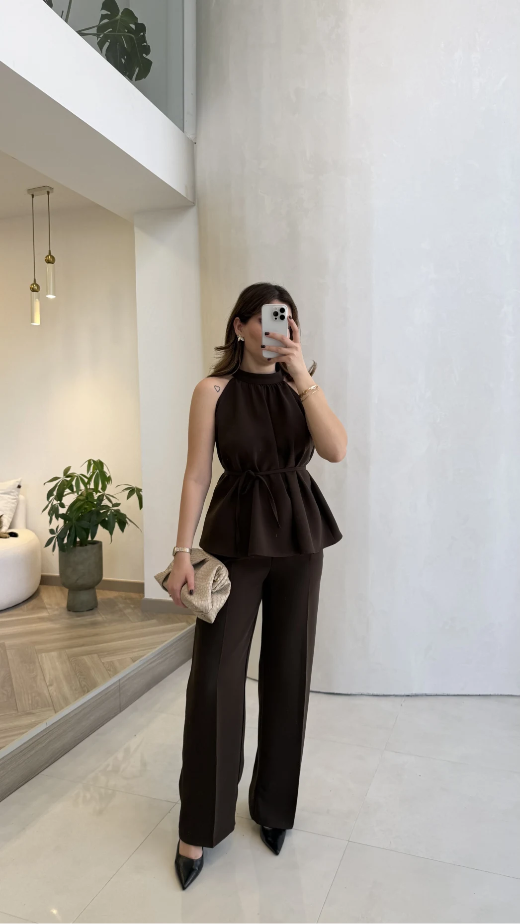 Fera Bağlama Detaylı Takım - Kahve - Kod: 8920