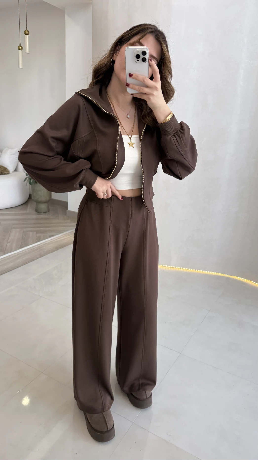 Parco Beli Lastikli Pamuk Kumaş Eşofman Takım - Kahve - Kod: 51323