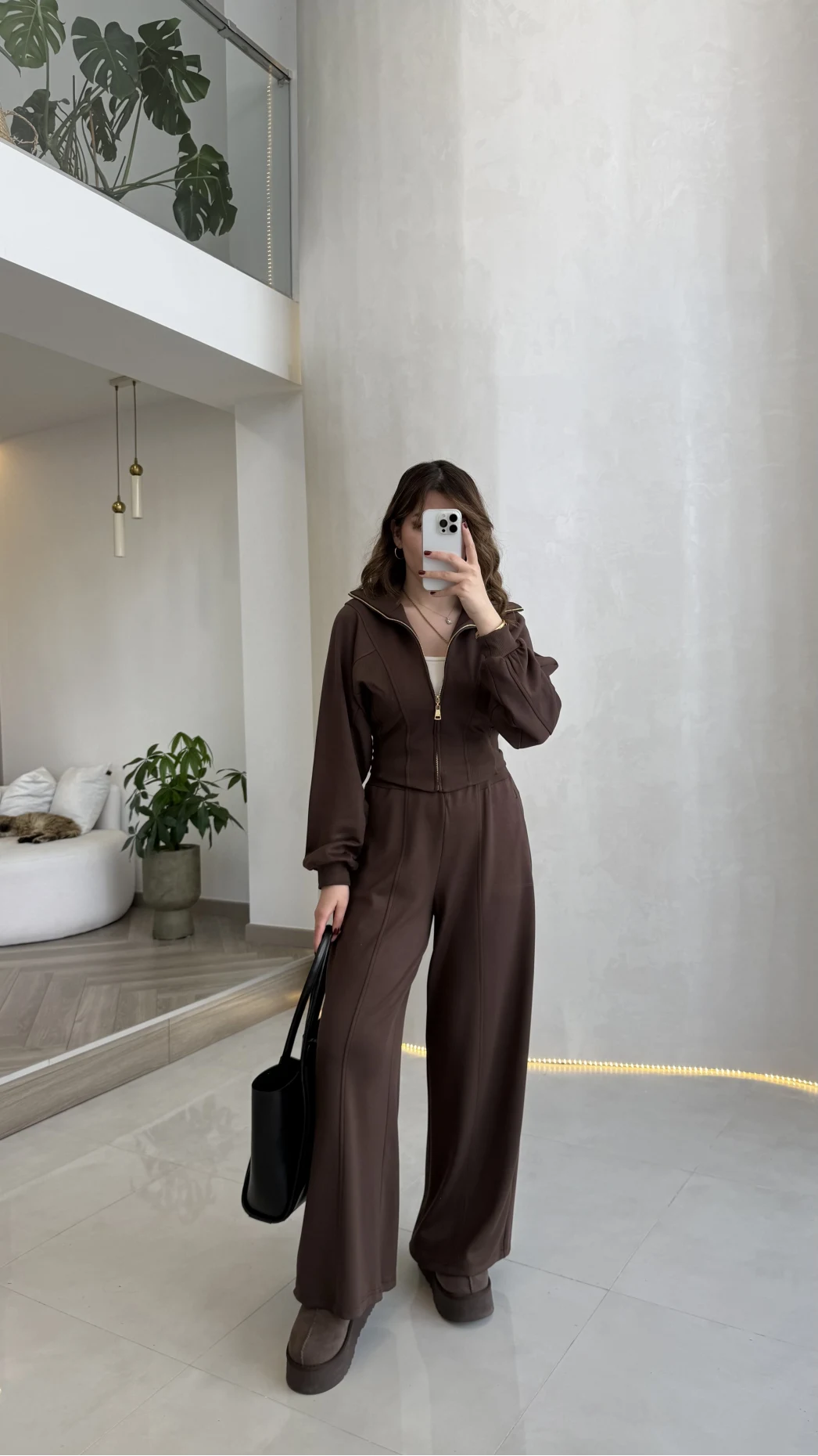 Parco Beli Lastikli Pamuk Kumaş Eşofman Takım - Kahve - Kod: 51323