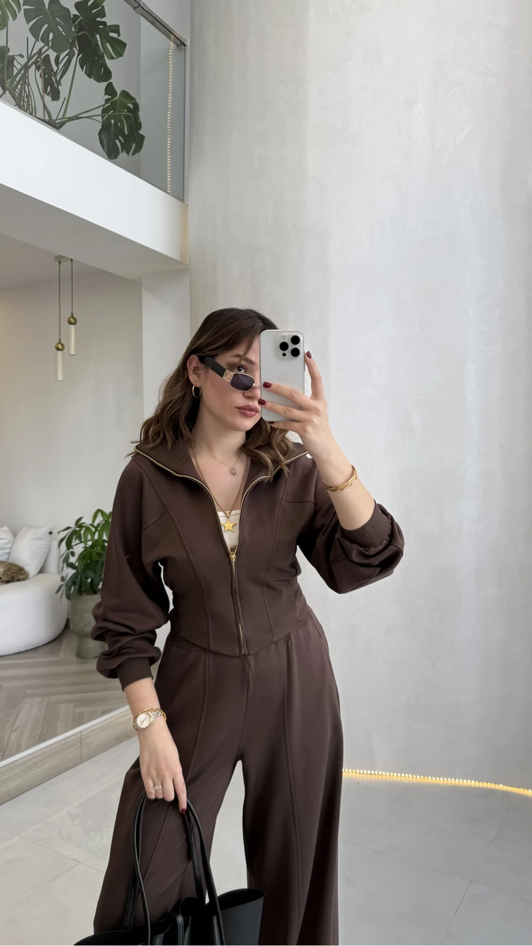 Parco Beli Lastikli Pamuk Kumaş Eşofman Takım - Kahve - Kod: 51323