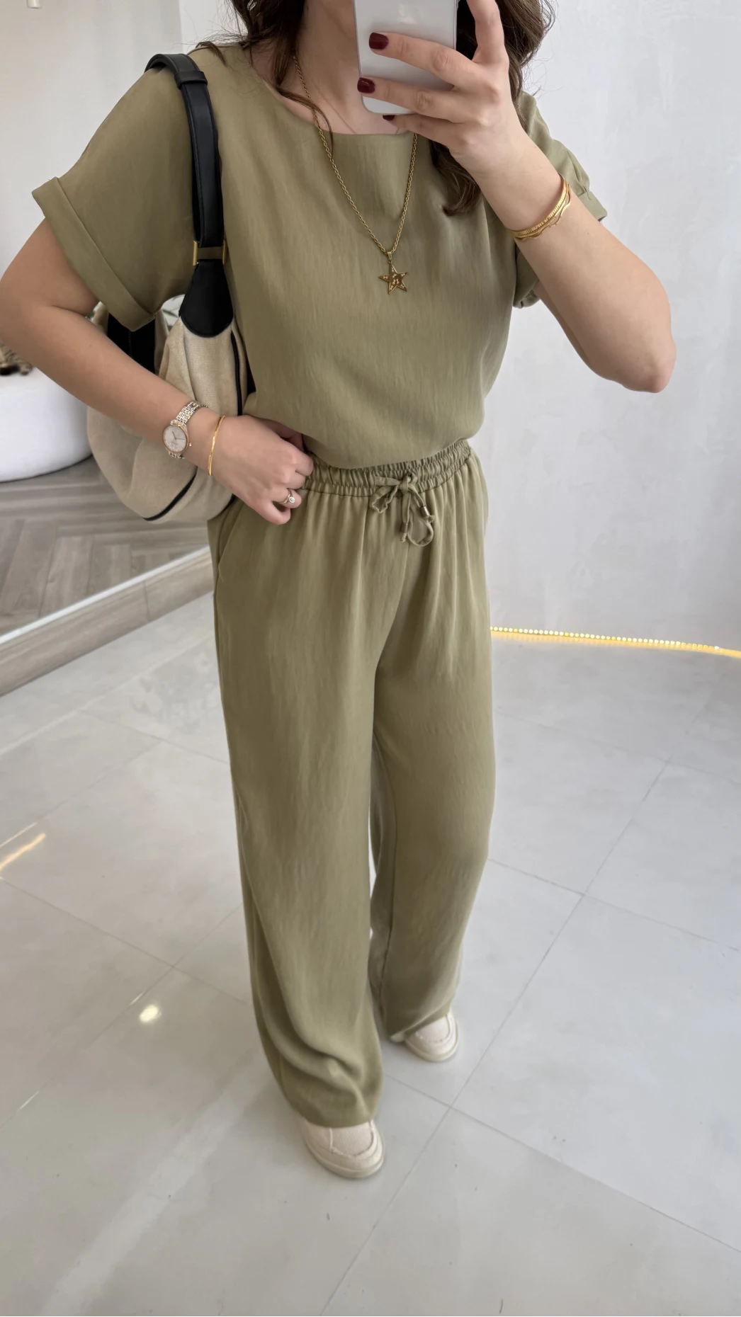 Yarım Kol Bluz Pantolon Takım - Olive - Kod: 51163