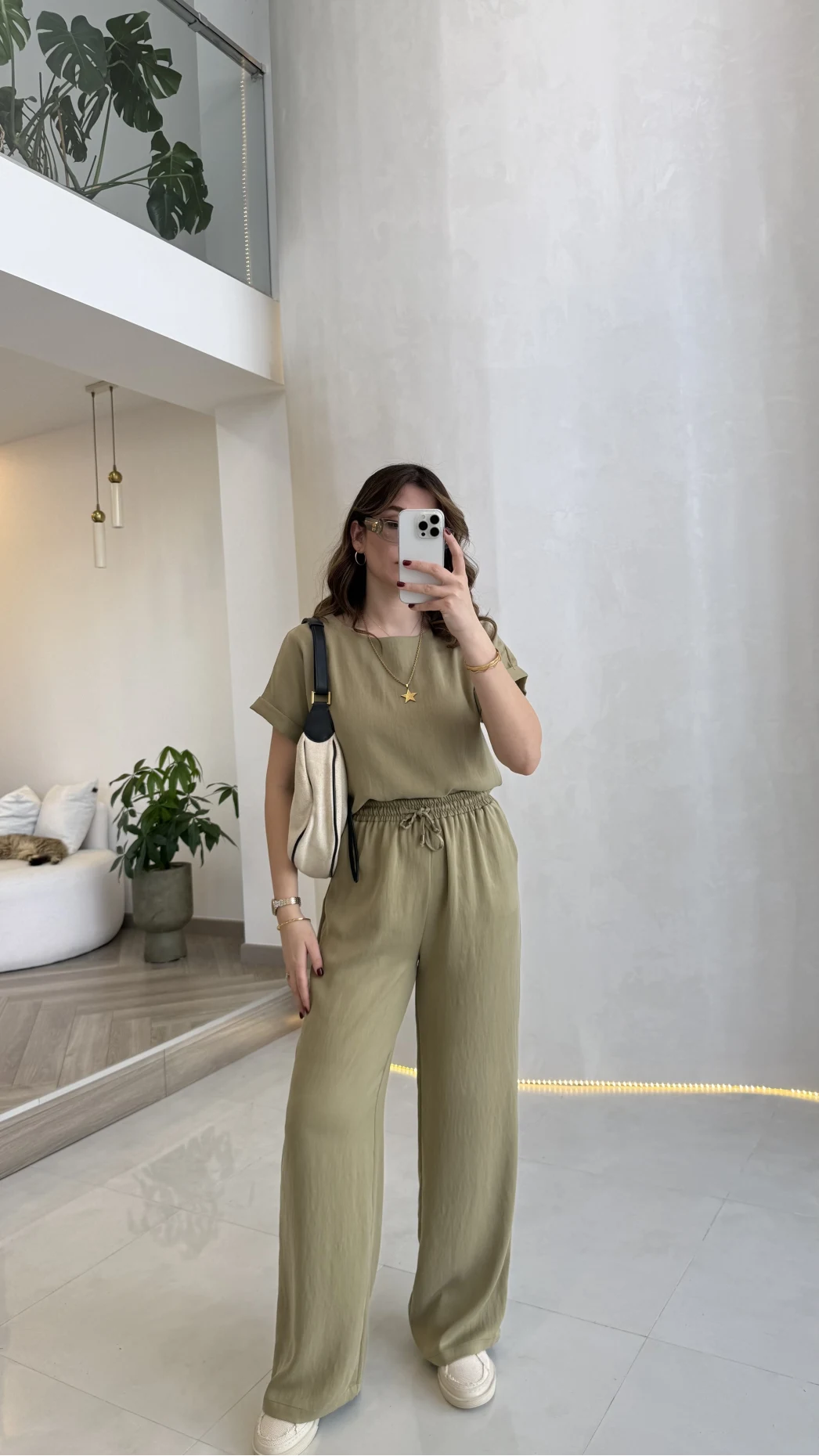 Yarım Kol Bluz Pantolon Takım - Olive - Kod: 51163