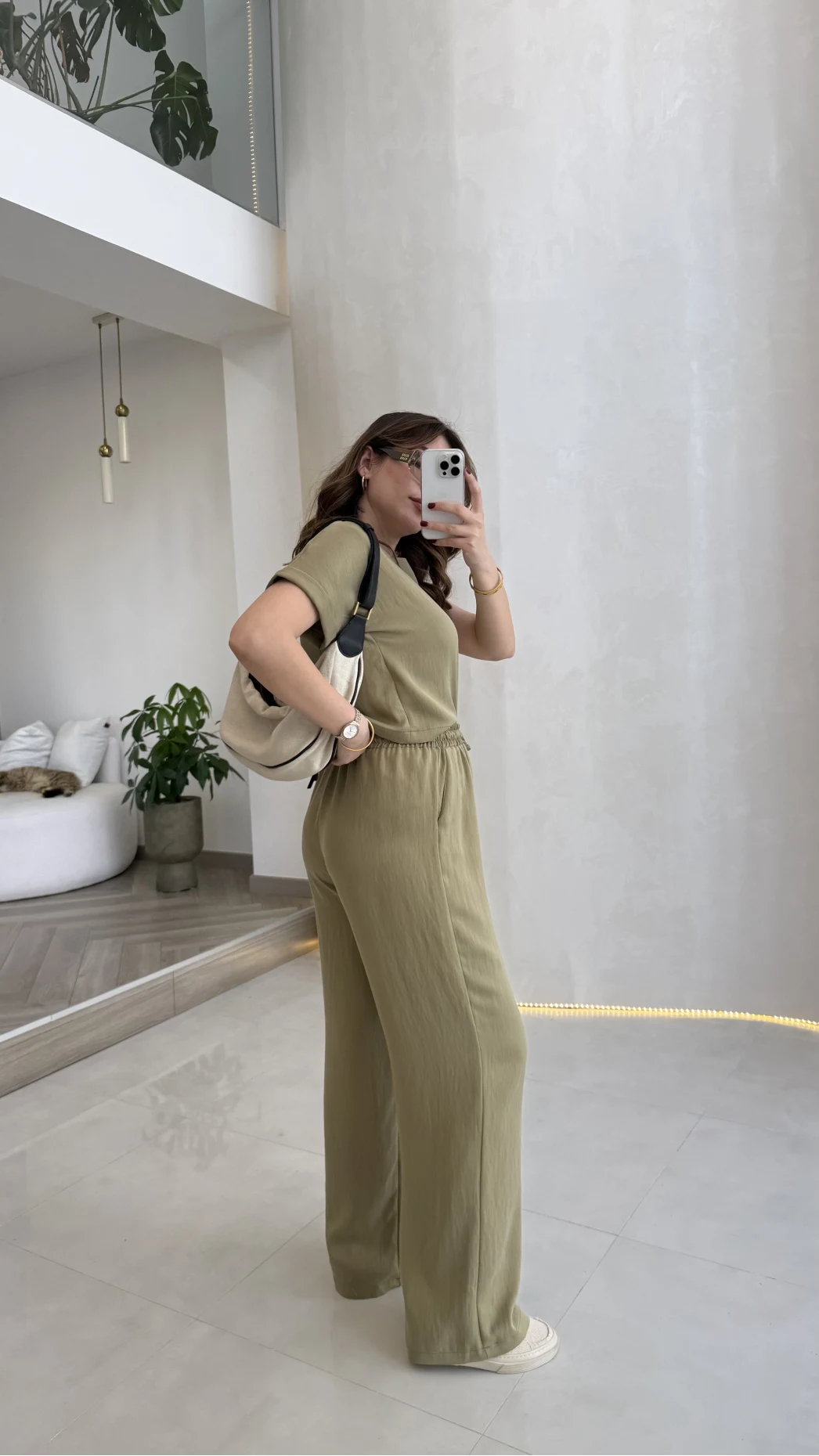 Yarım Kol Bluz Pantolon Takım - Olive - Kod: 51163