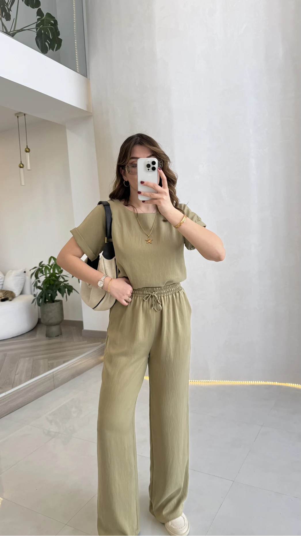 Yarım Kol Bluz Pantolon Takım - Olive - Kod: 51163