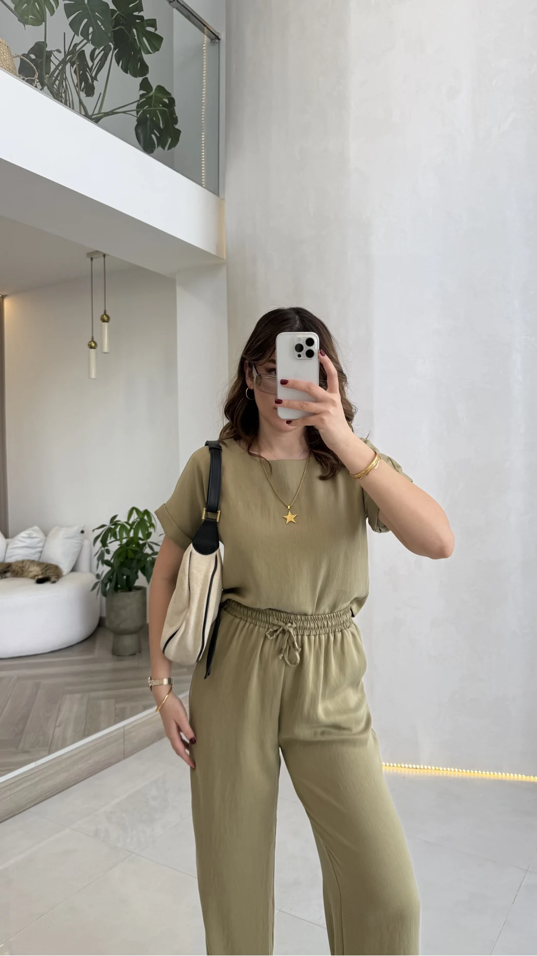 Yarım Kol Bluz Pantolon Takım - Olive - Kod: 51163