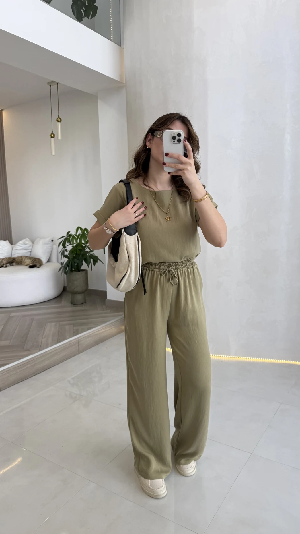 Yarım Kol Bluz Pantolon Takım - Olive - Kod: 51163