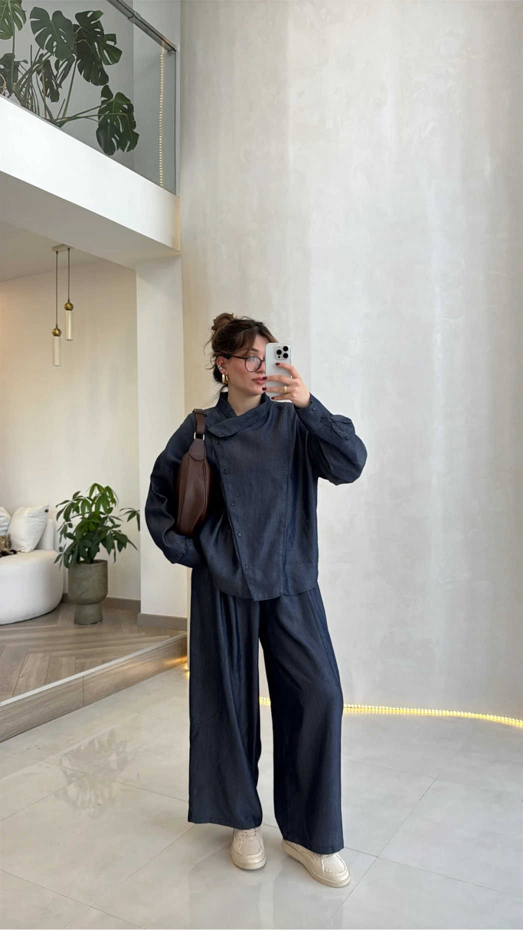 Dik Yaka Denim Tensel Gömlek- Pantolon Takım - Lacivert - Kod: 0100