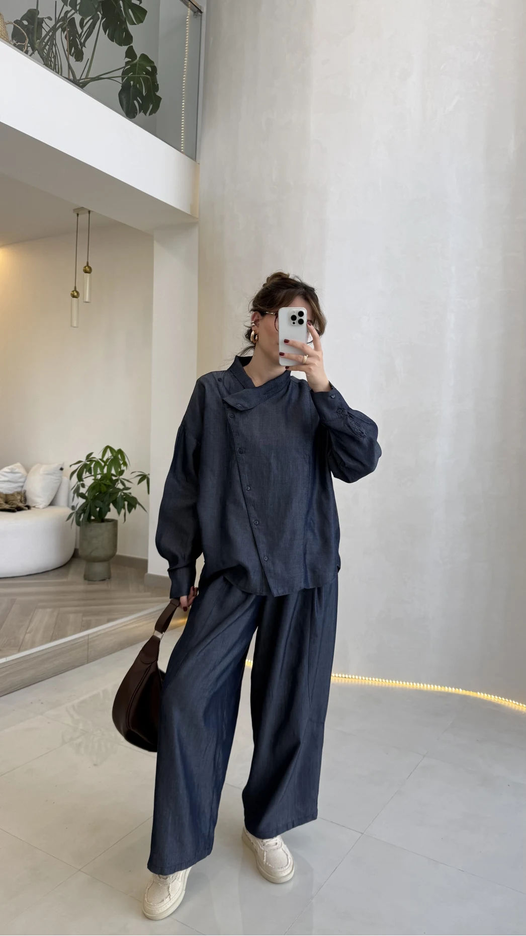 Dik Yaka Denim Tensel Gömlek- Pantolon Takım - Lacivert - Kod: 0100