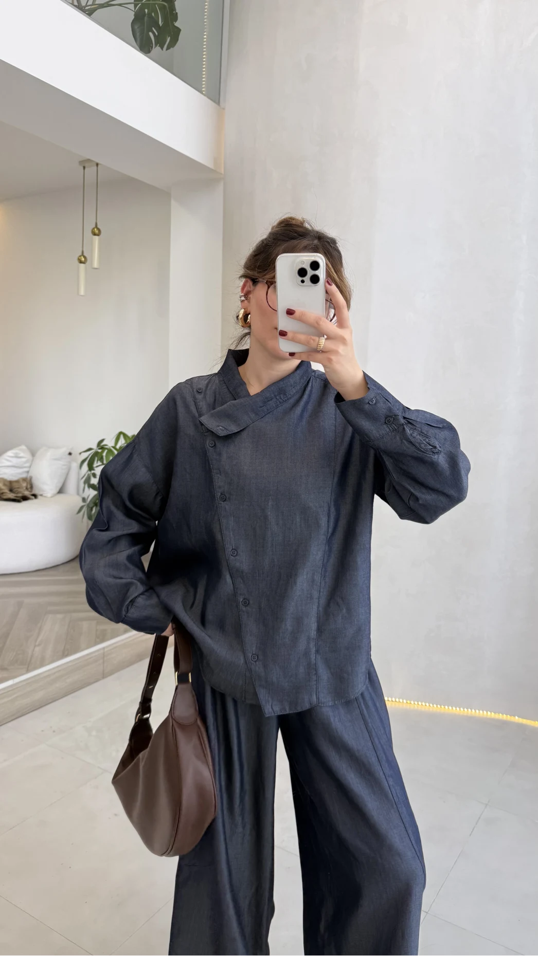 Dik Yaka Denim Tensel Gömlek- Pantolon Takım - Lacivert - Kod: 0100