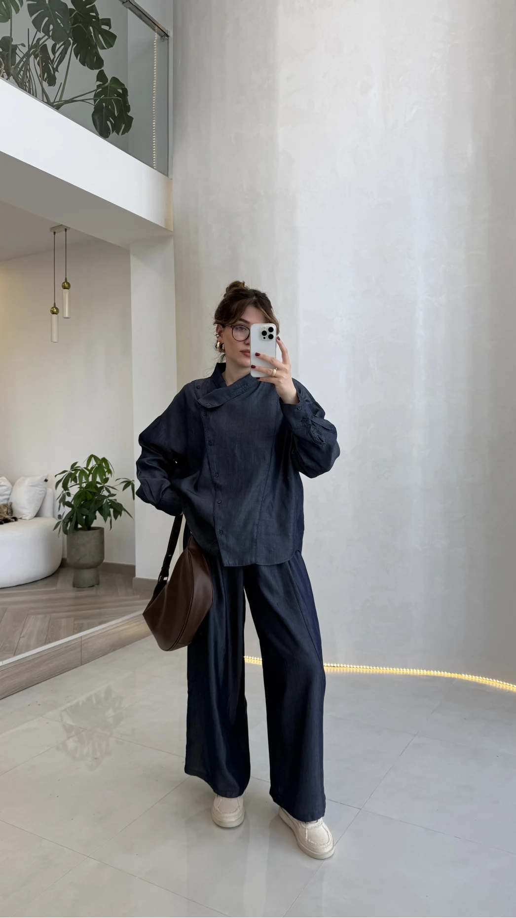 Dik Yaka Denim Tensel Gömlek- Pantolon Takım - Lacivert - Kod: 0100