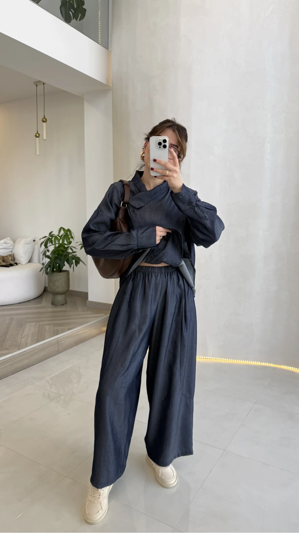 Dik Yaka Denim Tensel Gömlek- Pantolon Takım - Lacivert - Kod: 0100