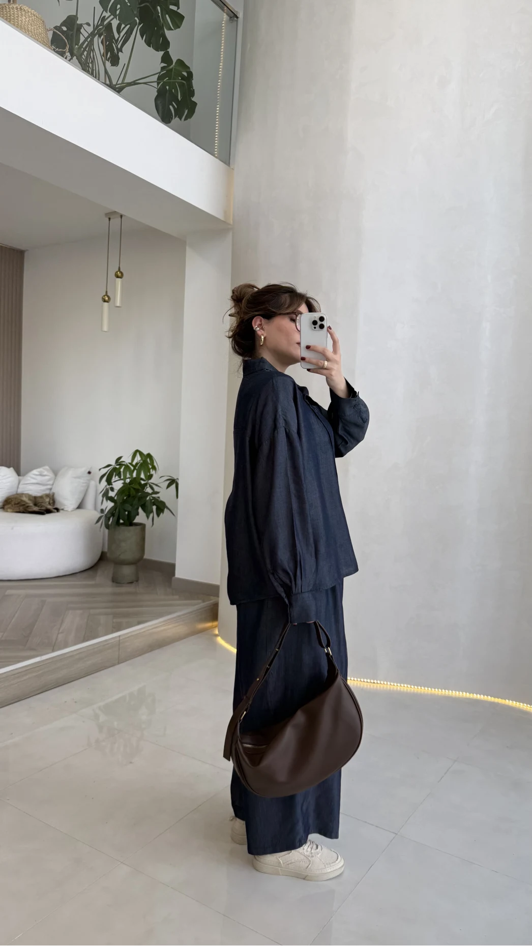 Dik Yaka Denim Tensel Gömlek- Pantolon Takım - Lacivert - Kod: 0100