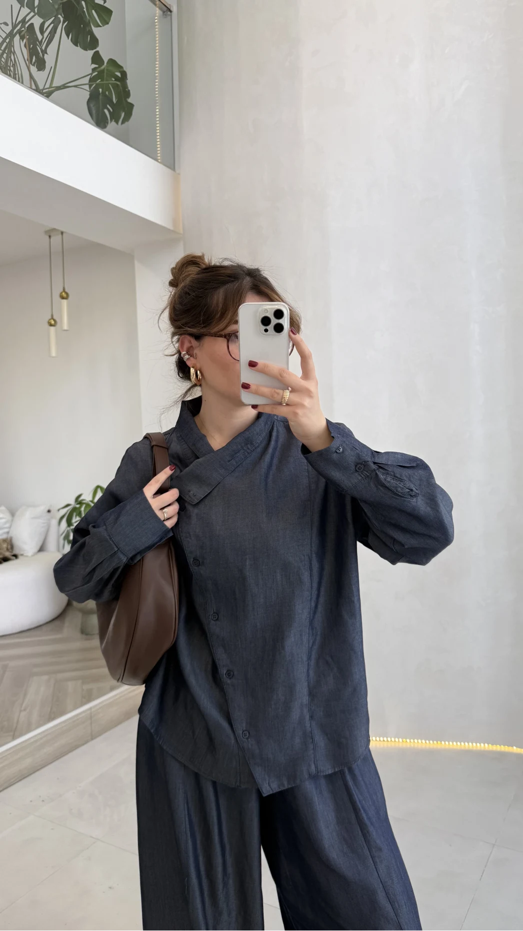 Dik Yaka Denim Tensel Gömlek- Pantolon Takım - Lacivert - Kod: 0100