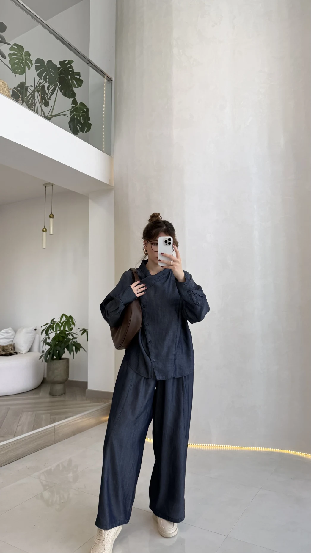 Dik Yaka Denim Tensel Gömlek- Pantolon Takım - Lacivert - Kod: 0100