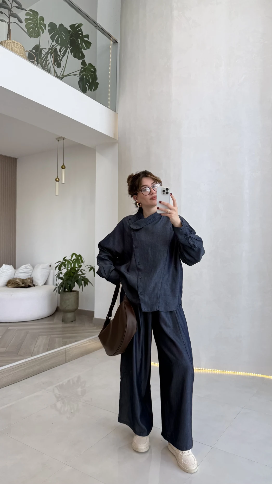 Dik Yaka Denim Tensel Gömlek- Pantolon Takım - Lacivert - Kod: 0100