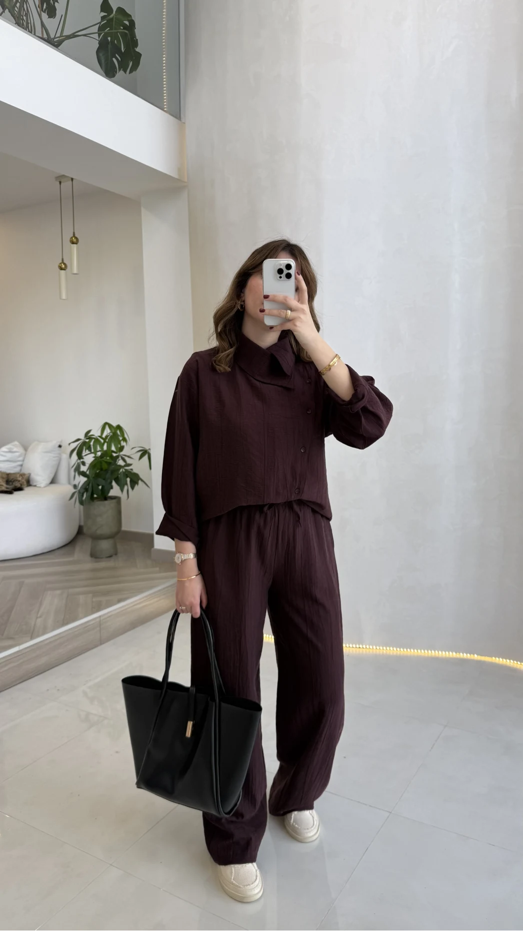 Asimetrik Kesim Yaka Detay Gömlek Takım - Bordo - Kod: 51335