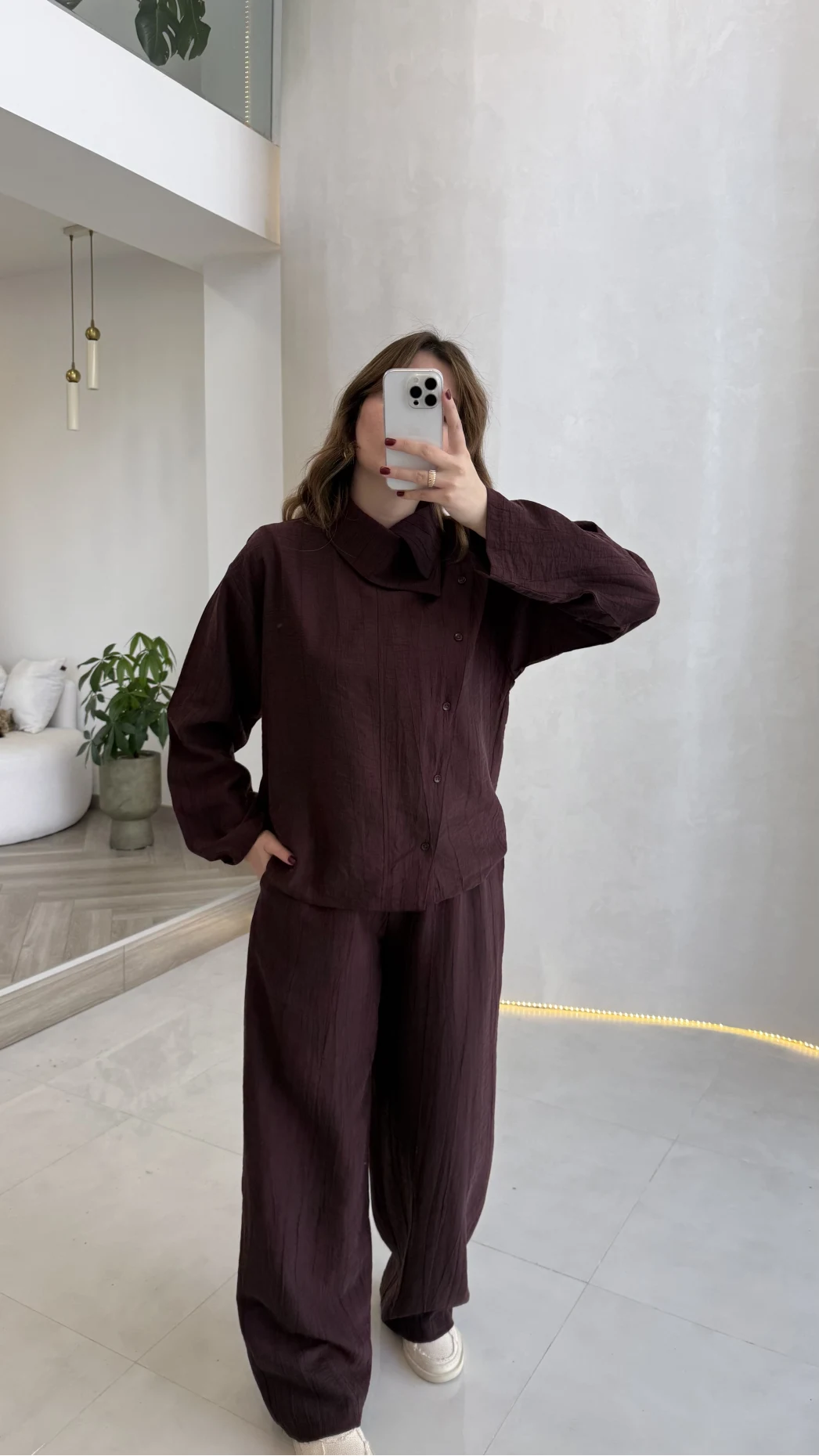 Asimetrik Kesim Yaka Detay Gömlek Takım - Bordo - Kod: 51335