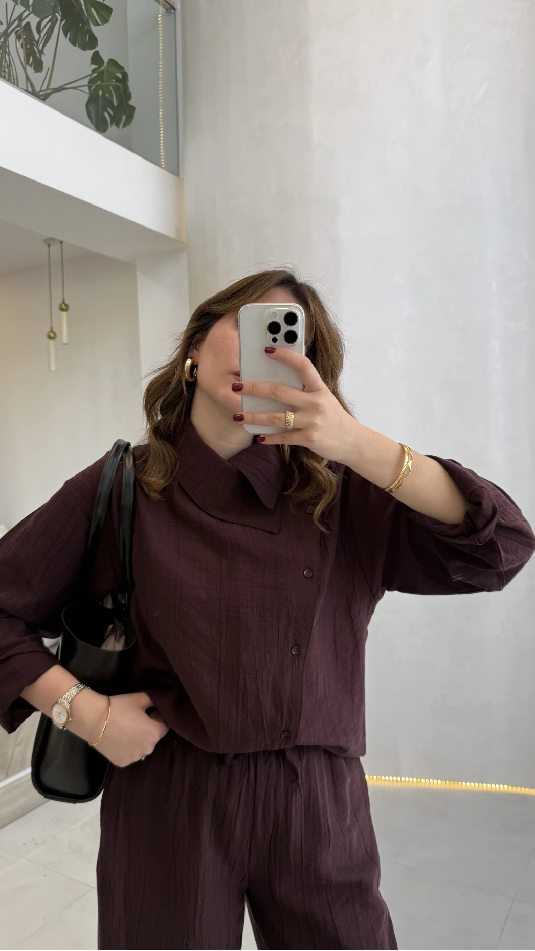 Asimetrik Kesim Yaka Detay Gömlek Takım - Bordo - Kod: 51335