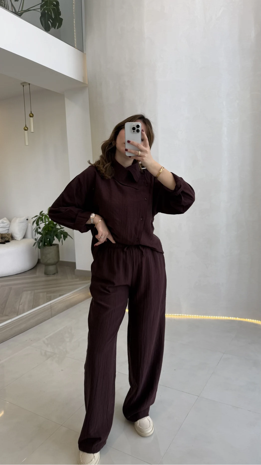 Asimetrik Kesim Yaka Detay Gömlek Takım - Bordo - Kod: 51335