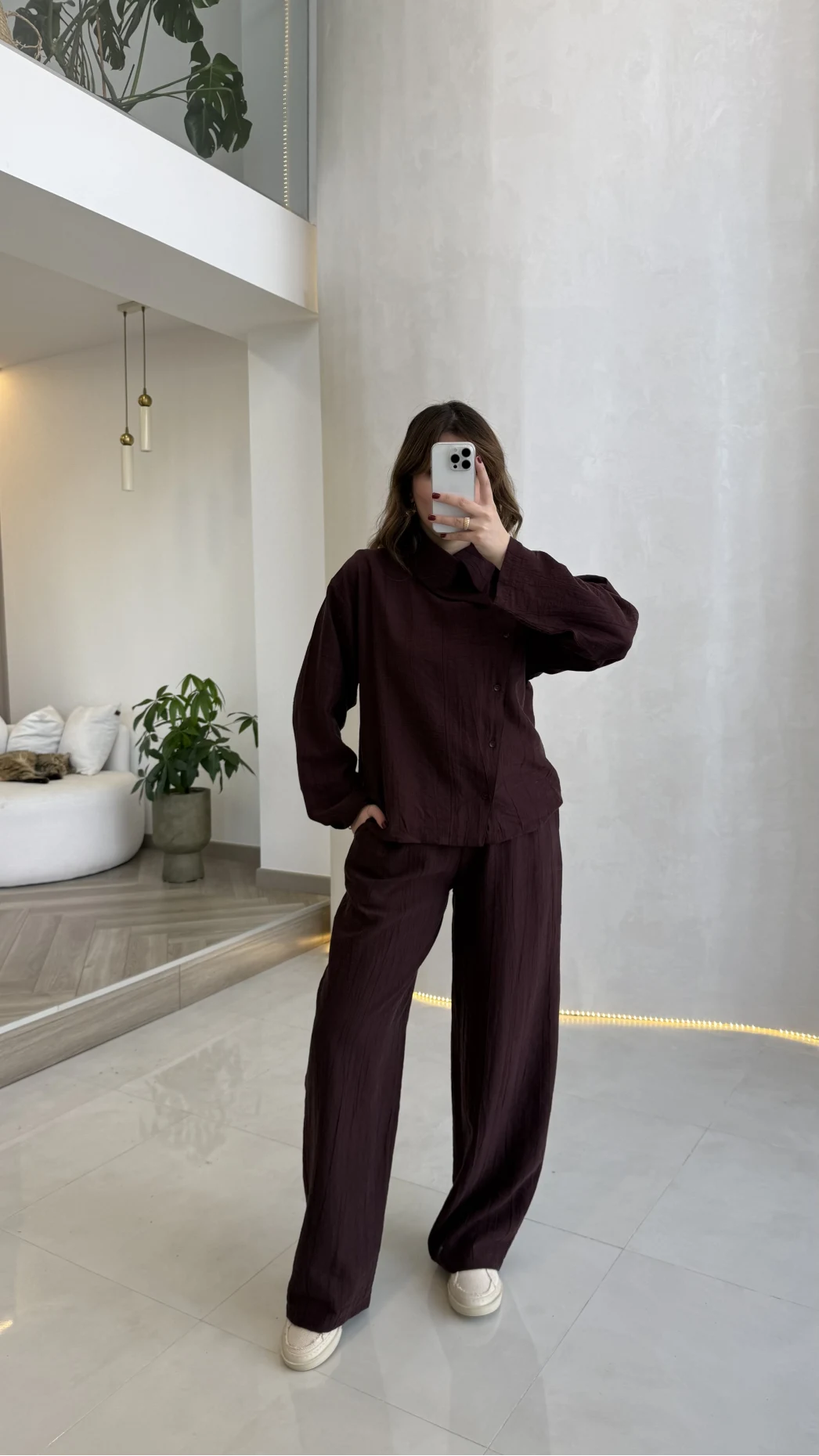 Asimetrik Kesim Yaka Detay Gömlek Takım - Bordo - Kod: 51335