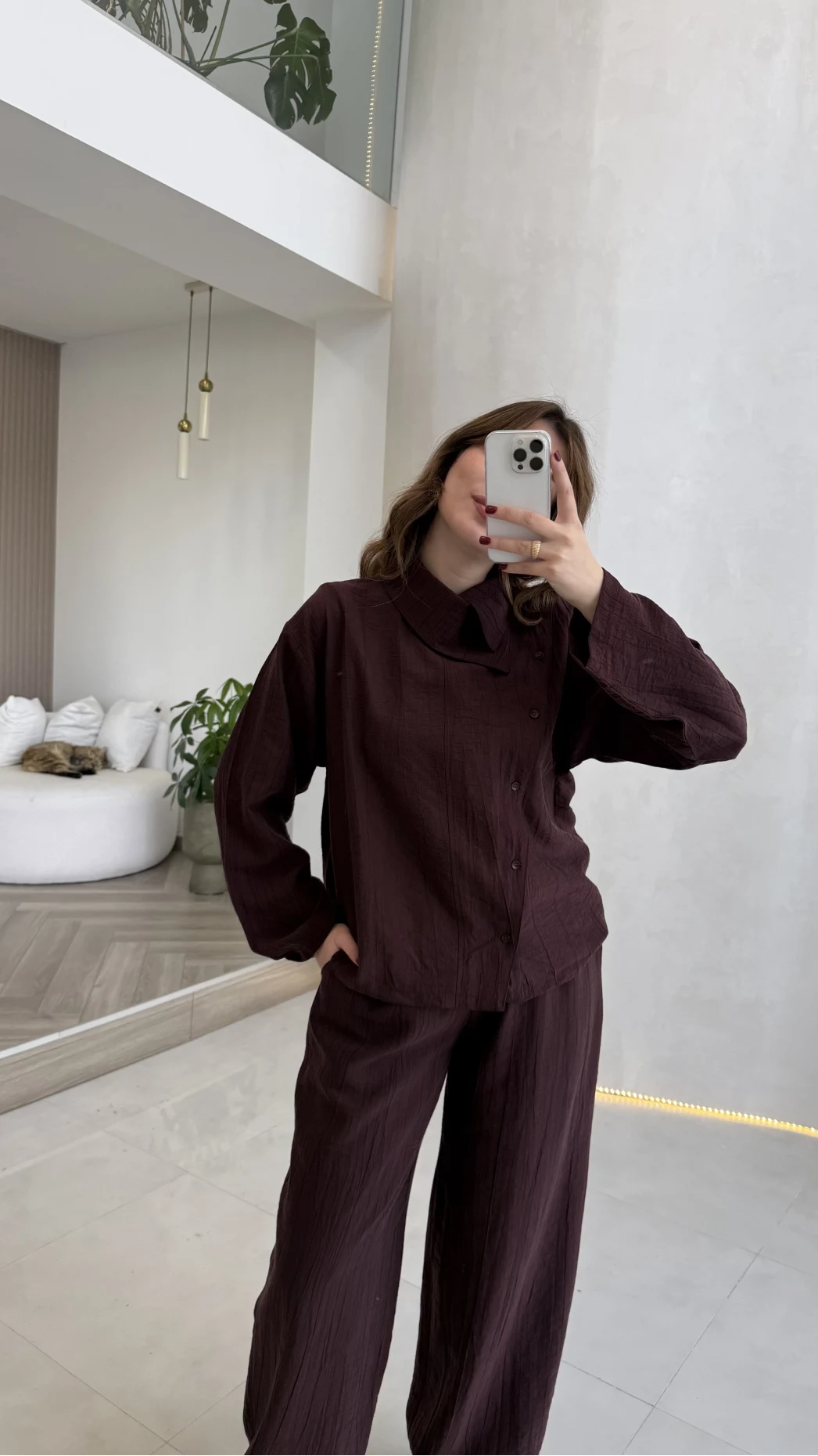 Asimetrik Kesim Yaka Detay Gömlek Takım - Bordo - Kod: 51335