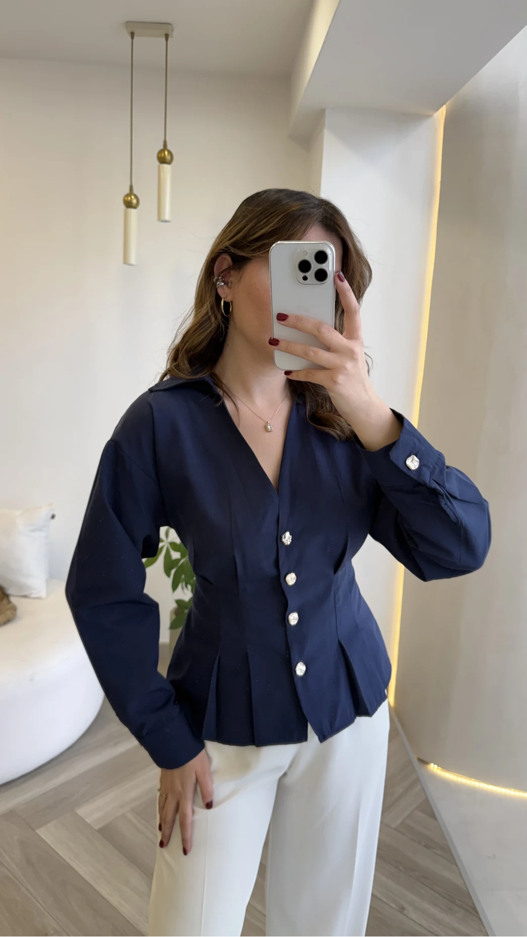 Missy Beli Pile Detay V Yaka Gömlek - Lacivert - Kod: 2222