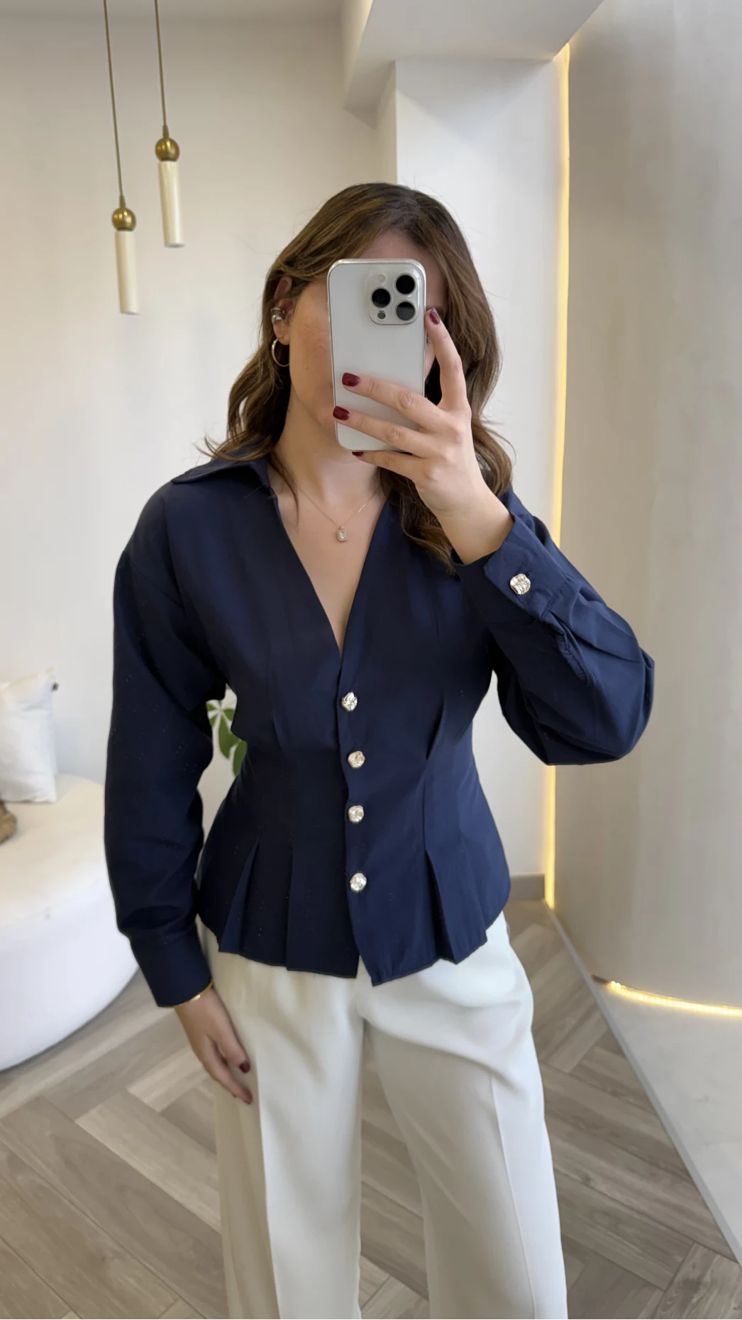 Missy Beli Pile Detay V Yaka Gömlek - Lacivert - Kod: 2222