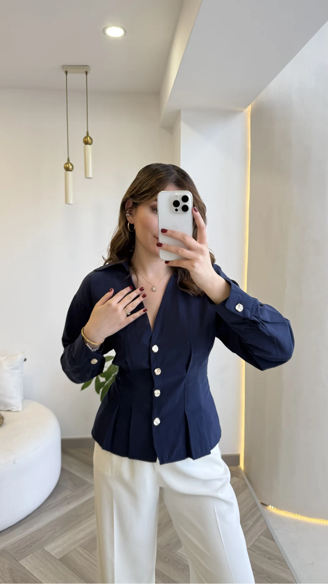 Missy Beli Pile Detay V Yaka Gömlek - Lacivert - Kod: 2222