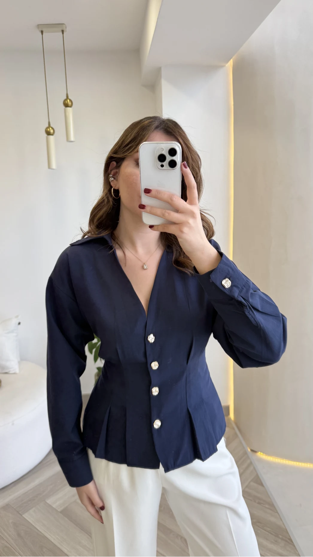 Missy Beli Pile Detay V Yaka Gömlek - Lacivert - Kod: 2222