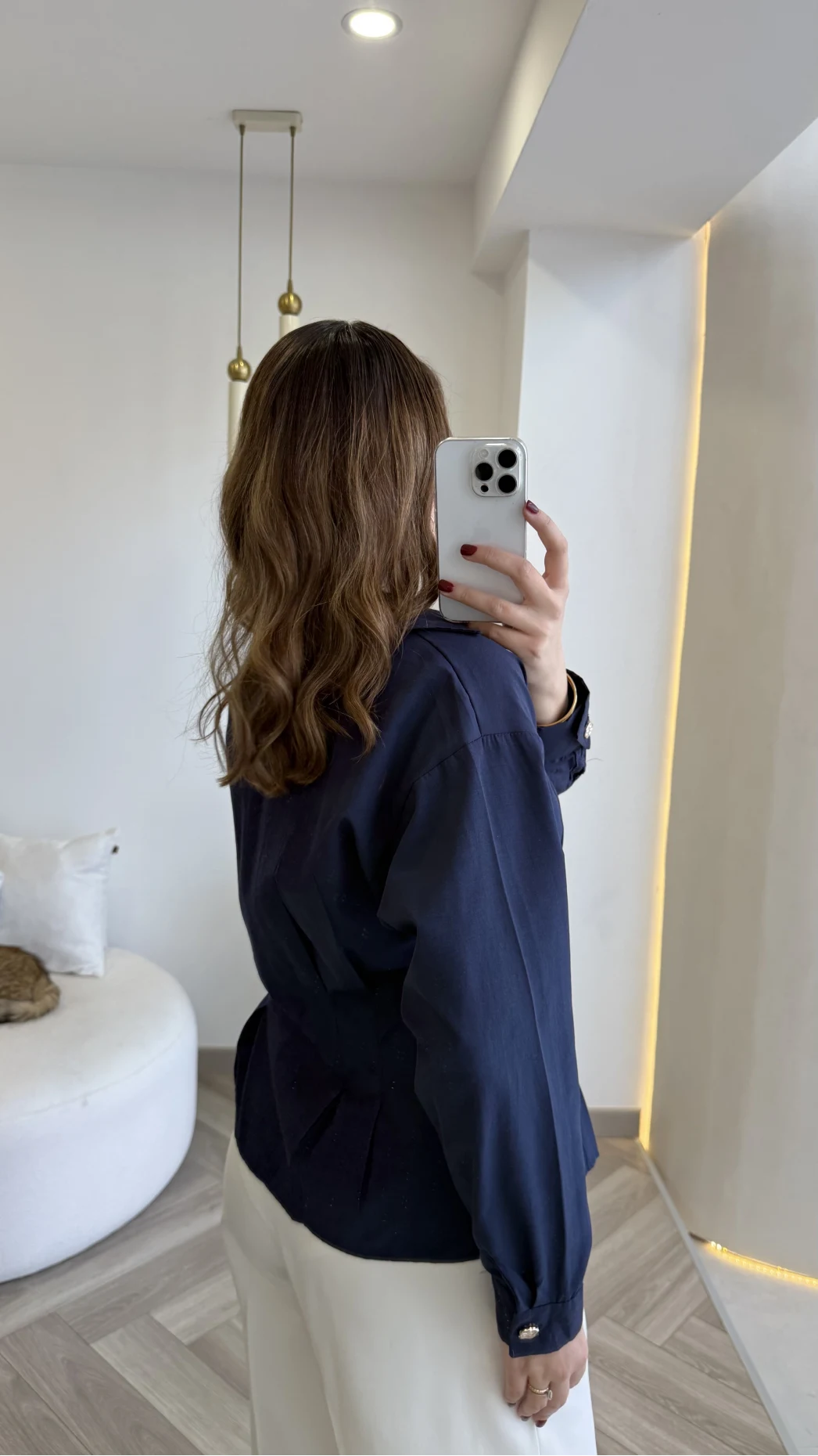 Missy Beli Pile Detay V Yaka Gömlek - Lacivert - Kod: 2222