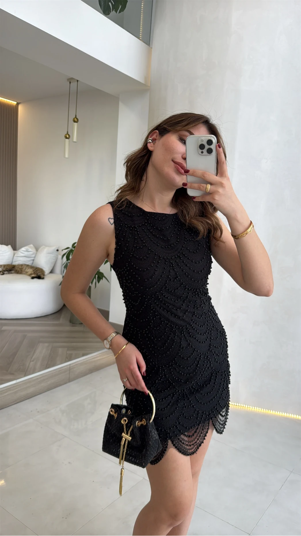 İncili Mini Elbise - Siyah - Kod: 39364