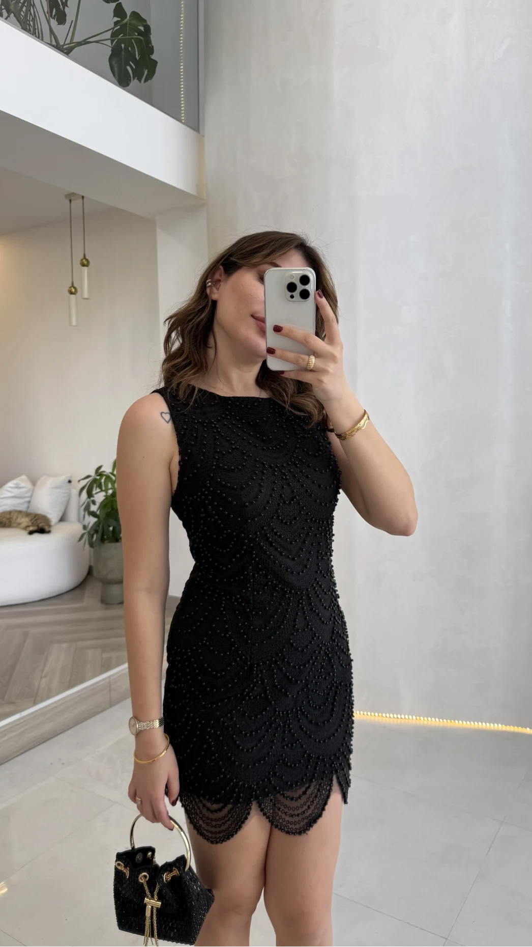 İncili Mini Elbise - Siyah - Kod: 39364