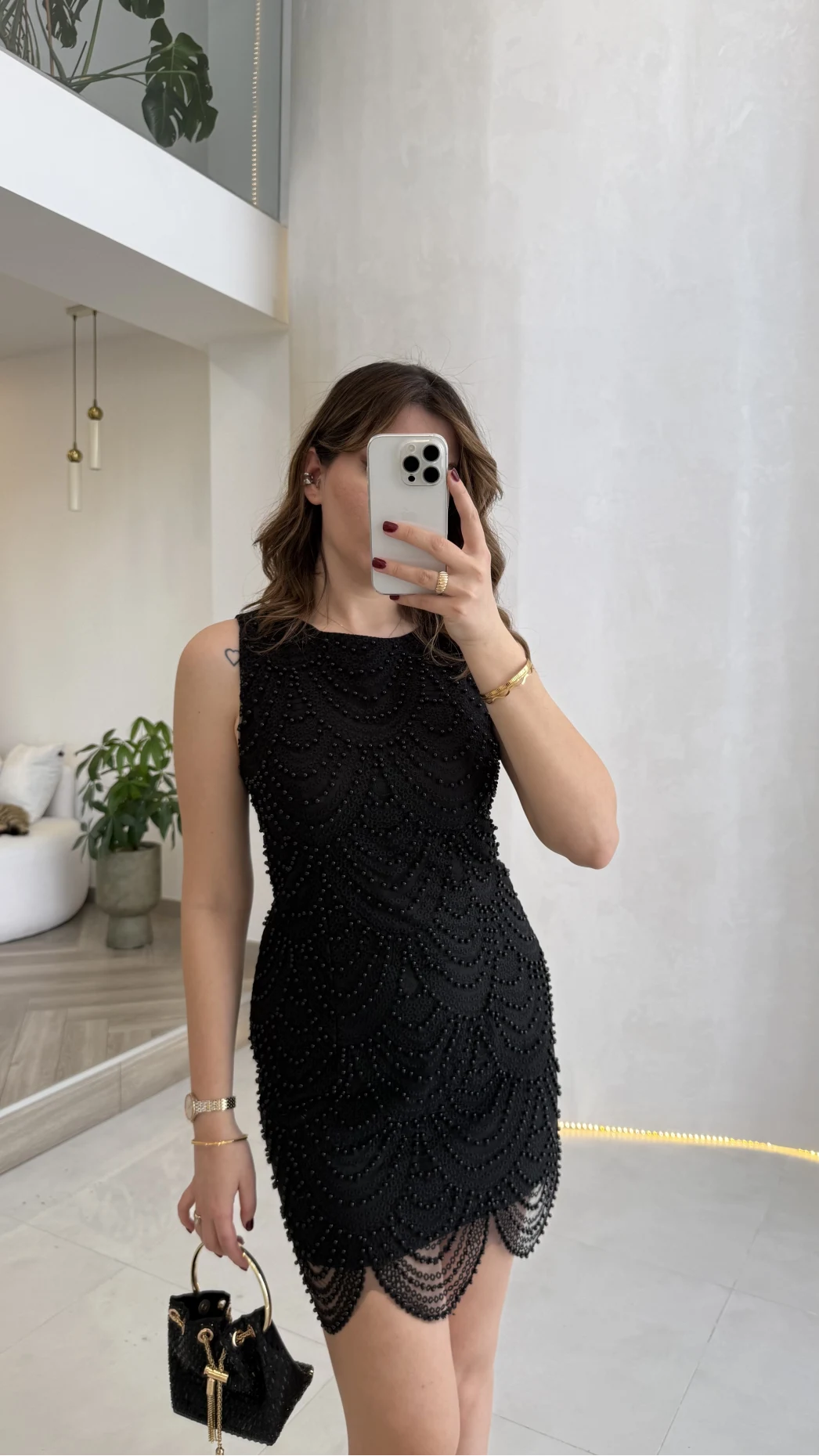 İncili Mini Elbise - Siyah - Kod: 39364