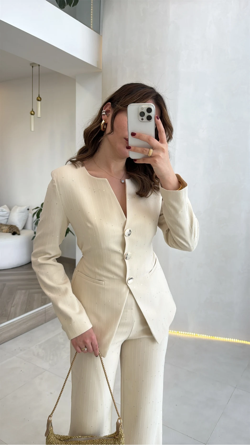 Sim ve Pul Detay Ceket Pantolon Takım - Taş - Kod: 80322